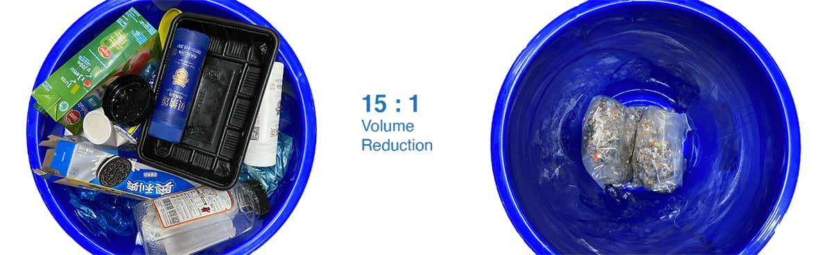 CM-ONE permet une réduction de volume allant jusqu'à 15: 1 sur les déchets ménagers courants